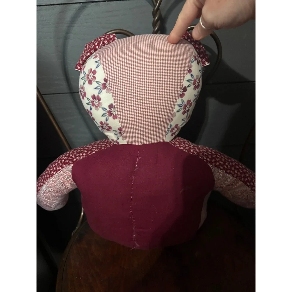 Vintage Handmade Patchwork Teddy Bear Burgundy Floral Paisley Gingham Plush 15